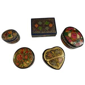 Vintage Hand Painted Wood Floral Decor Folk Art India Lot Of 5